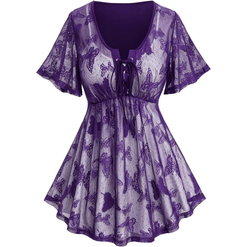 image:imageRosegal Plus Size Womens V Neck Butterfly Lace Overlay Laceup 2 in 1 Blouse Short Flutter Sleeve Flowy TopPurple