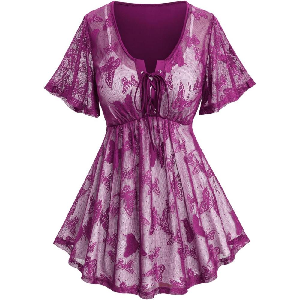 image:imageRosegal Plus Size Womens V Neck Butterfly Lace Overlay Laceup 2 in 1 Blouse Short Flutter Sleeve Flowy TopPurple1
