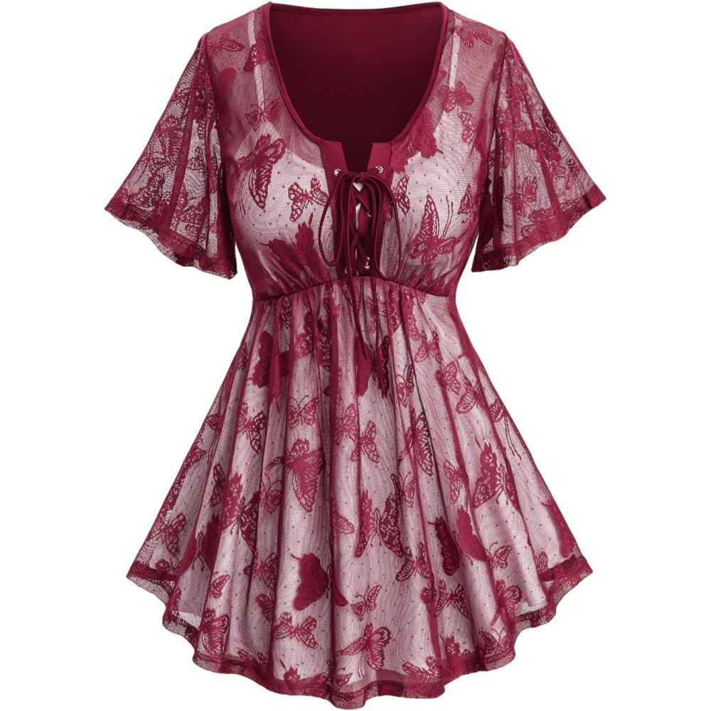 image:imageRosegal Plus Size Womens V Neck Butterfly Lace Overlay Laceup 2 in 1 Blouse Short Flutter Sleeve Flowy TopRed