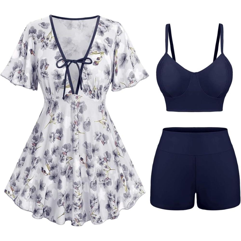 image:imageRosegal Women Plus Size 3 Piece Tankini Swimsuits Bathing Suits with Floral Swim Dress Boy Shorts with Cami Swim TopDeep Blue