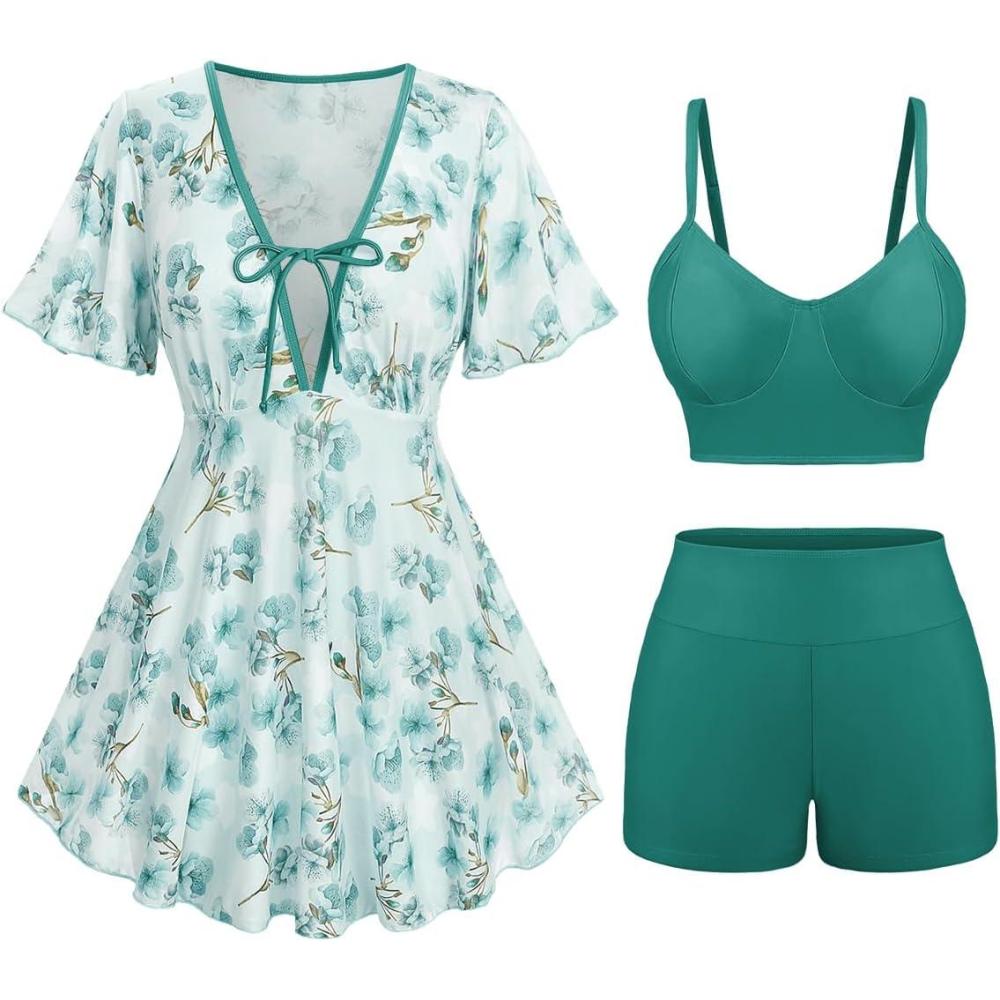 image:imageRosegal Women Plus Size 3 Piece Tankini Swimsuits Bathing Suits with Floral Swim Dress Boy Shorts with Cami Swim TopGreen
