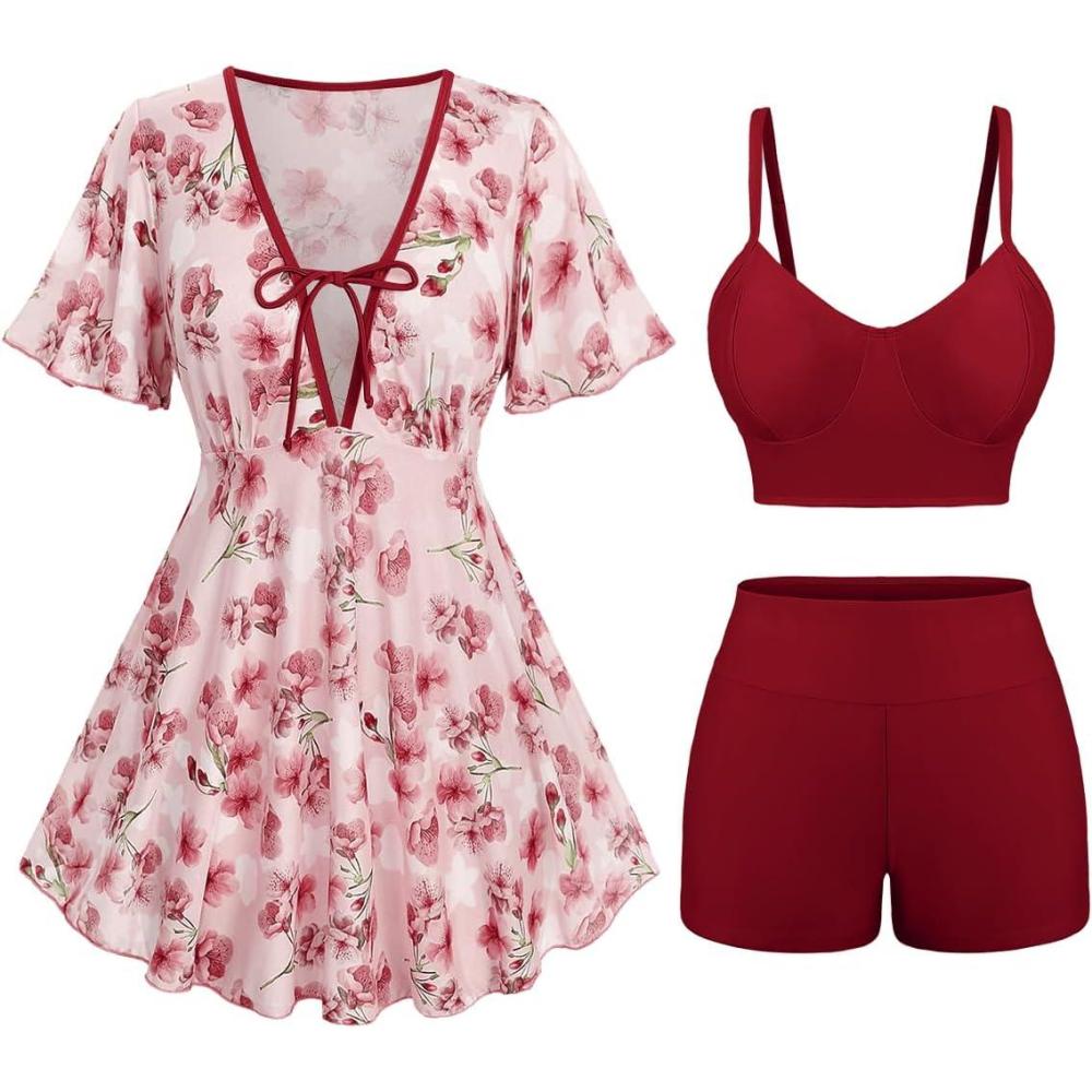 image:imageRosegal Women Plus Size 3 Piece Tankini Swimsuits Bathing Suits with Floral Swim Dress Boy Shorts with Cami Swim TopRed