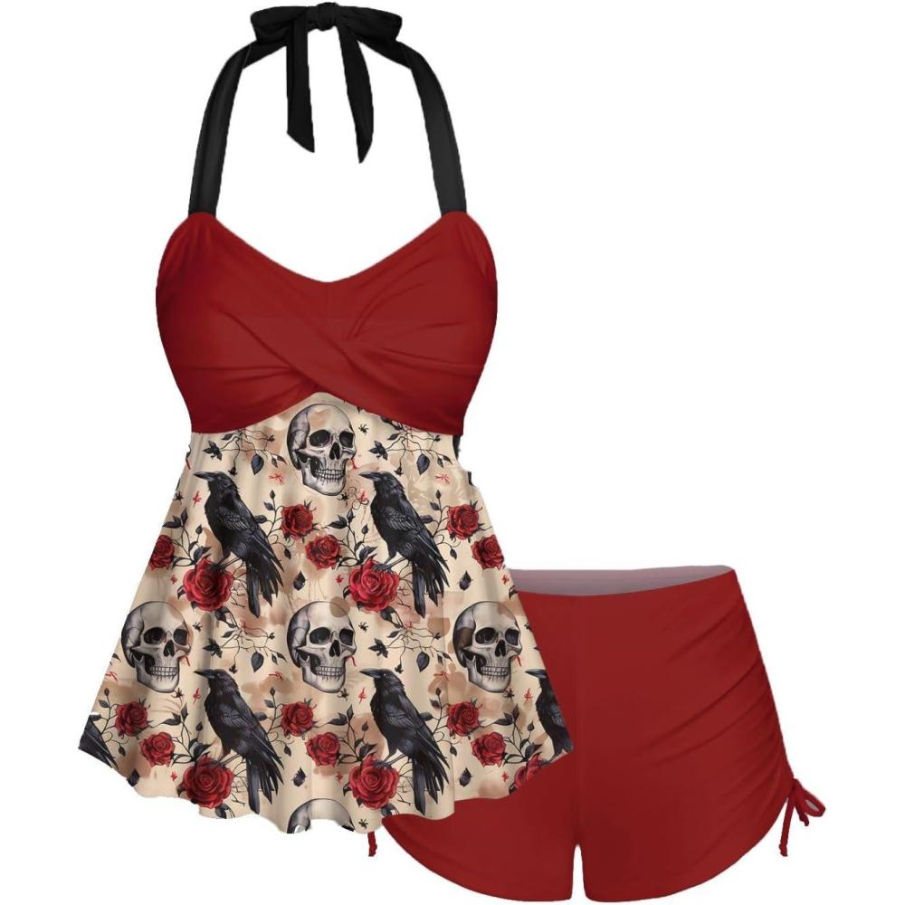 image:imageRosegal Women Plus Size Goth Two Piece Tankini Set Skull Rose Flower Halter SwimsuitsRed1