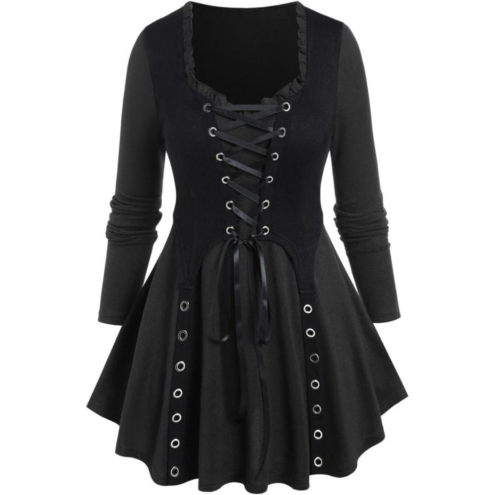 image:imageRosegal Women Plus Size Gothic Laceup Grommet Ruffles Tee Renaissance Costume Top Long Sleeves Gothic TopBlack1