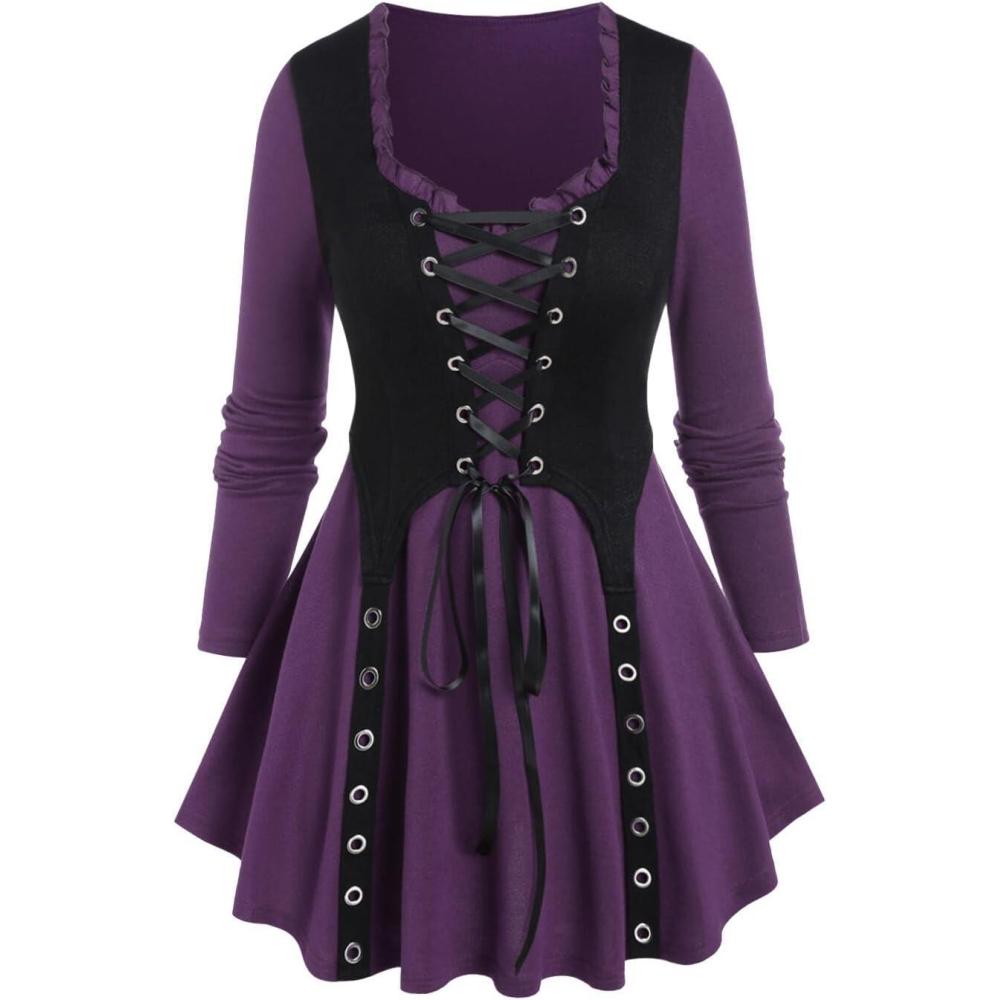 image:imageRosegal Women Plus Size Gothic Laceup Grommet Ruffles Tee Renaissance Costume Top Long Sleeves Gothic TopPurple1