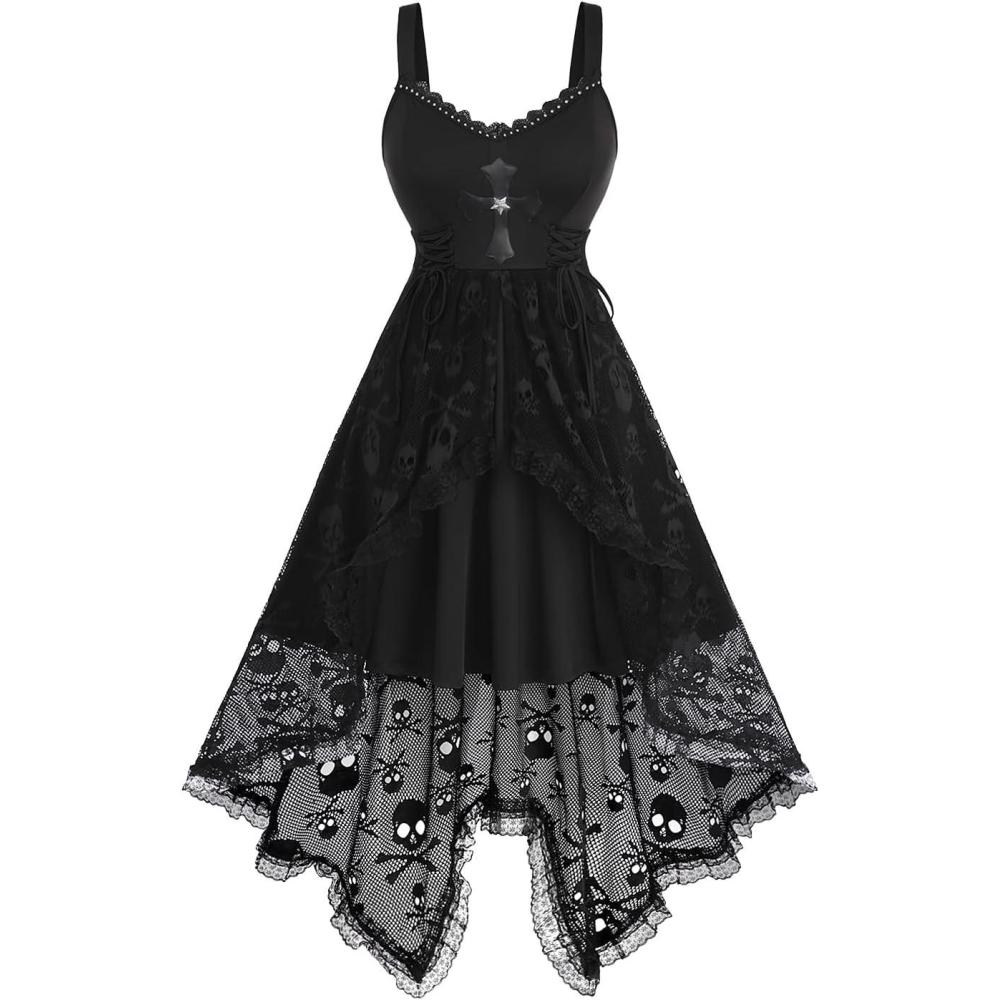 image:imageRosegal Women Plus Size Gothic Laceup PU Cross Skulls Lace Panel Asymmetrical High Low Midi Dress Rivets Straps Punk DressBlack1
