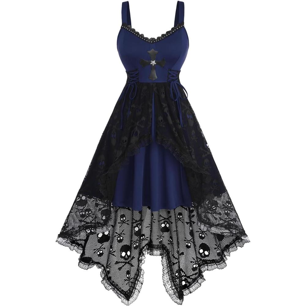 image:imageRosegal Women Plus Size Gothic Laceup PU Cross Skulls Lace Panel Asymmetrical High Low Midi Dress Rivets Straps Punk DressBlue1