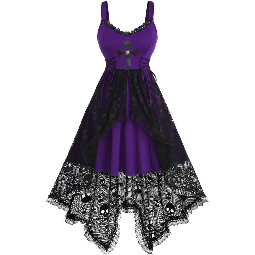 image:imageRosegal Women Plus Size Gothic Laceup PU Cross Skulls Lace Panel Asymmetrical High Low Midi Dress Rivets Straps Punk DressPurple1