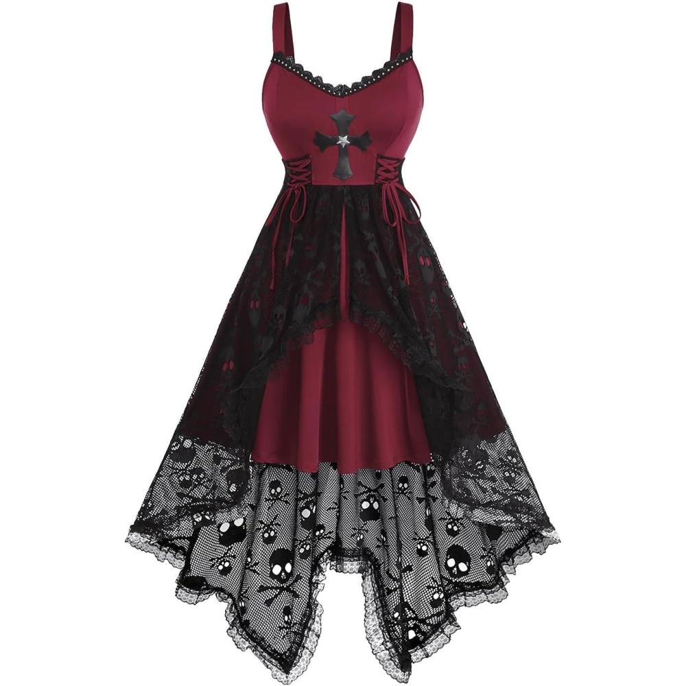 image:imageRosegal Women Plus Size Gothic Laceup PU Cross Skulls Lace Panel Asymmetrical High Low Midi Dress Rivets Straps Punk DressRed3
