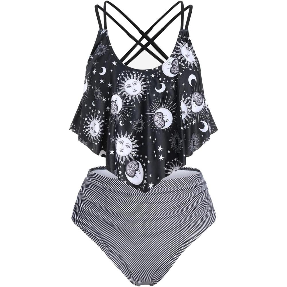 image:imageRosegal Women Plus Size Gothic Tankini Swimsuit Celestial Sun Moon Print Crisscross Flounce Two Piece Bathing SuitBlack