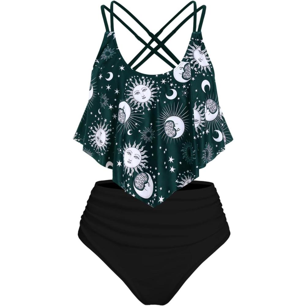 image:imageRosegal Women Plus Size Gothic Tankini Swimsuit Celestial Sun Moon Print Crisscross Flounce Two Piece Bathing SuitGreen5