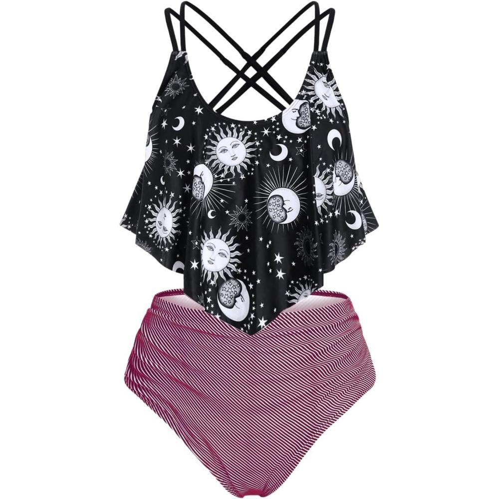 image:imageRosegal Women Plus Size Gothic Tankini Swimsuit Celestial Sun Moon Print Crisscross Flounce Two Piece Bathing SuitRed1