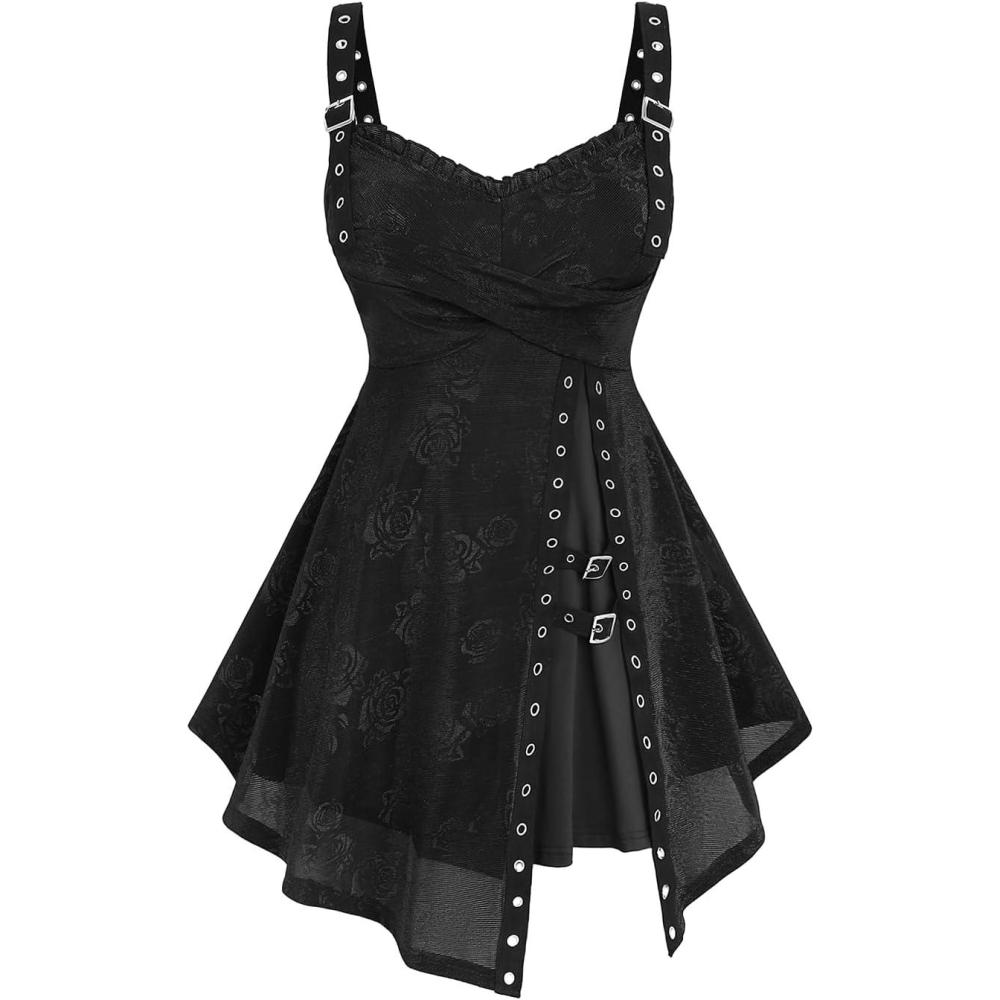 image:imageRosegal Women Plus Size Rose Flower Printed Buckle Grommet Split Layered Gothic Tank TopBlack