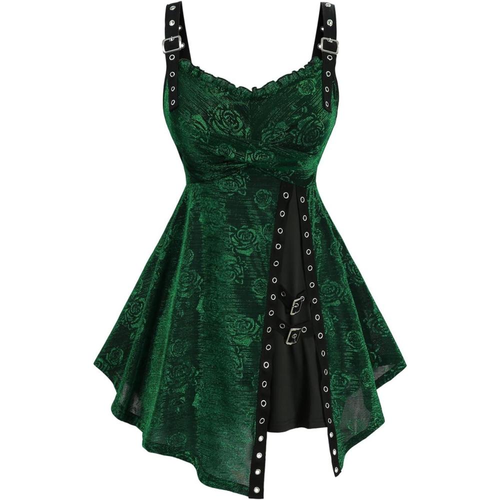 image:imageRosegal Women Plus Size Rose Flower Printed Buckle Grommet Split Layered Gothic Tank TopGreen