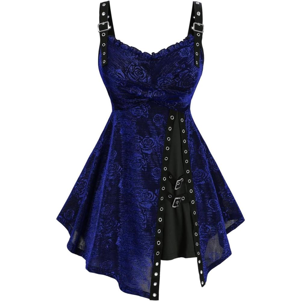 image:imageRosegal Women Plus Size Rose Flower Printed Buckle Grommet Split Layered Gothic Tank TopNavy Blue