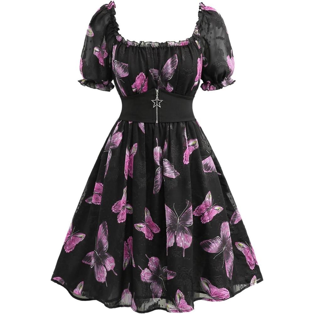 image:imageRosegal Women Plus Size Square Neck Milkmaid Dress Butterfly Ruffles Puff Sleeves Cottagecore DressBlack2
