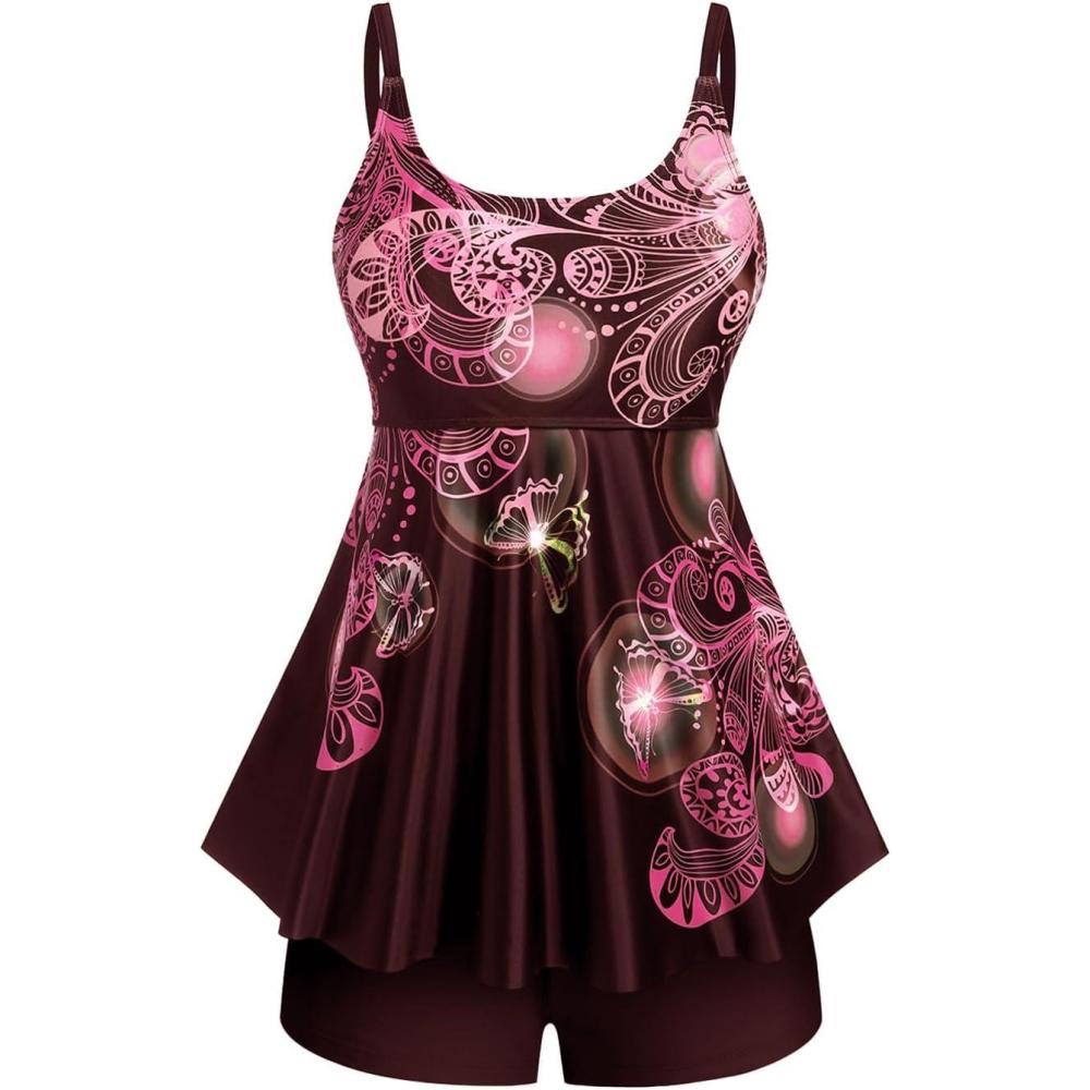 image:imageRosegal Womens Plus Size Curve Butterfly Padded Boyleg Modest Tankini SwimsuitRed2