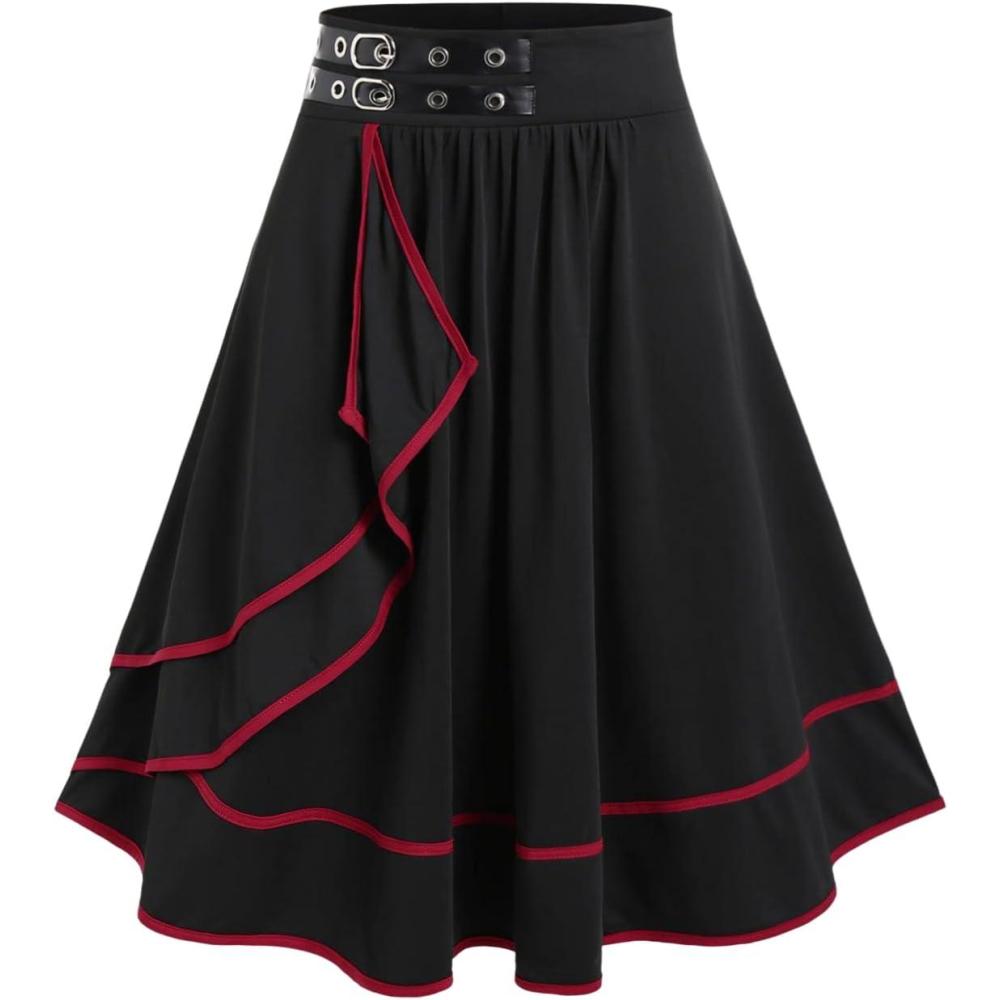 image:imageRosegal Womens Plus Size Gothic Mini Skirt Contrast Tape Buckled Midi High Waist Elastic ALine SkirtBlack9