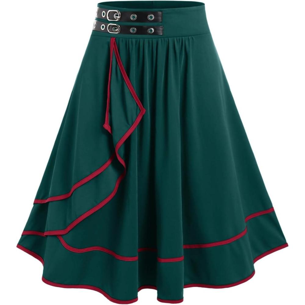 image:imageRosegal Womens Plus Size Gothic Mini Skirt Contrast Tape Buckled Midi High Waist Elastic ALine SkirtGreen