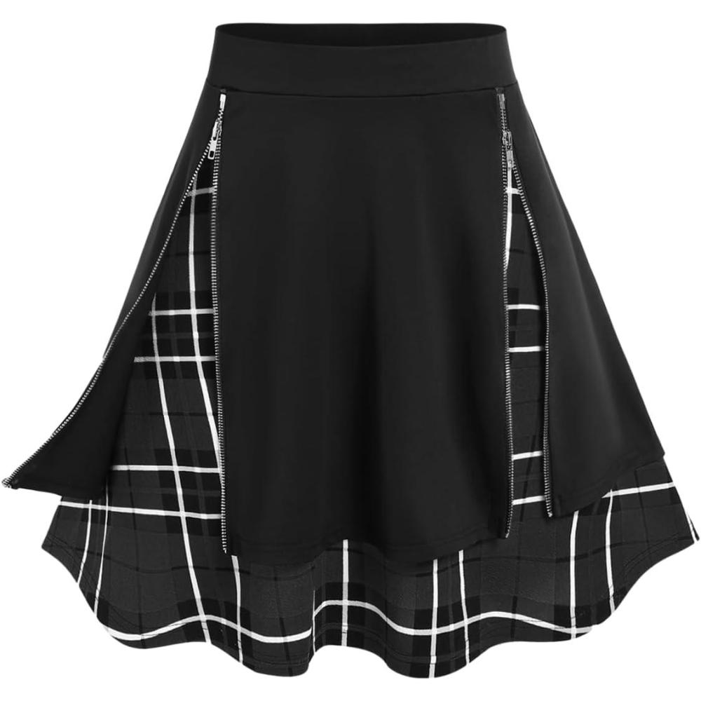 image:imageRosegal Womens Plus Size Gothic Mini Skirt Plaid Zipper Mini A Line Skirt BlueBlack