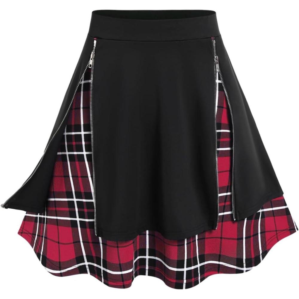 image:imageRosegal Womens Plus Size Gothic Mini Skirt Plaid Zipper Mini A Line Skirt BlueRed10