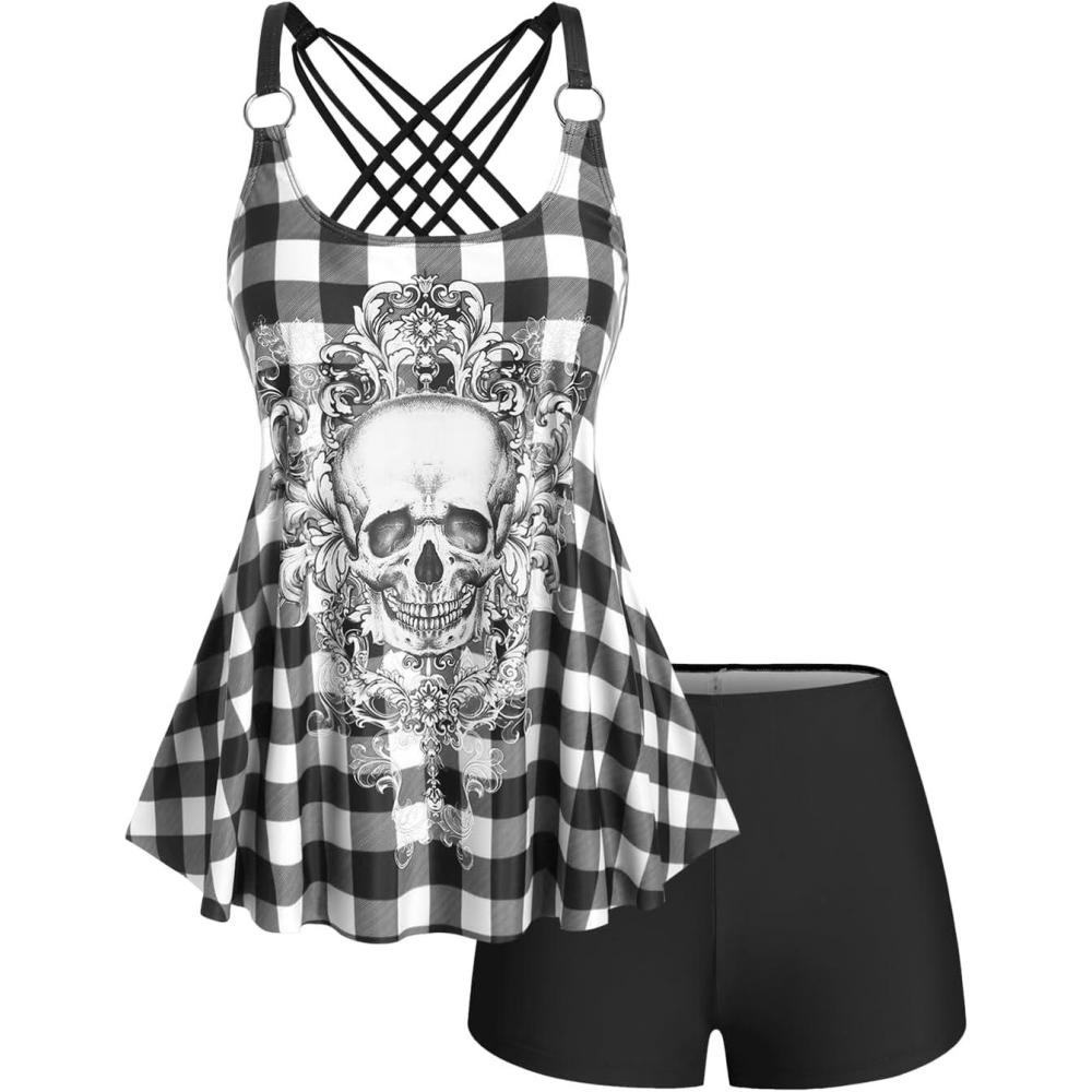 image:imageRosegal Womens Plus Size Gothic Skull Plaid Padded Boyleg Strappy Modest Tankini Swimsuit SetBlack