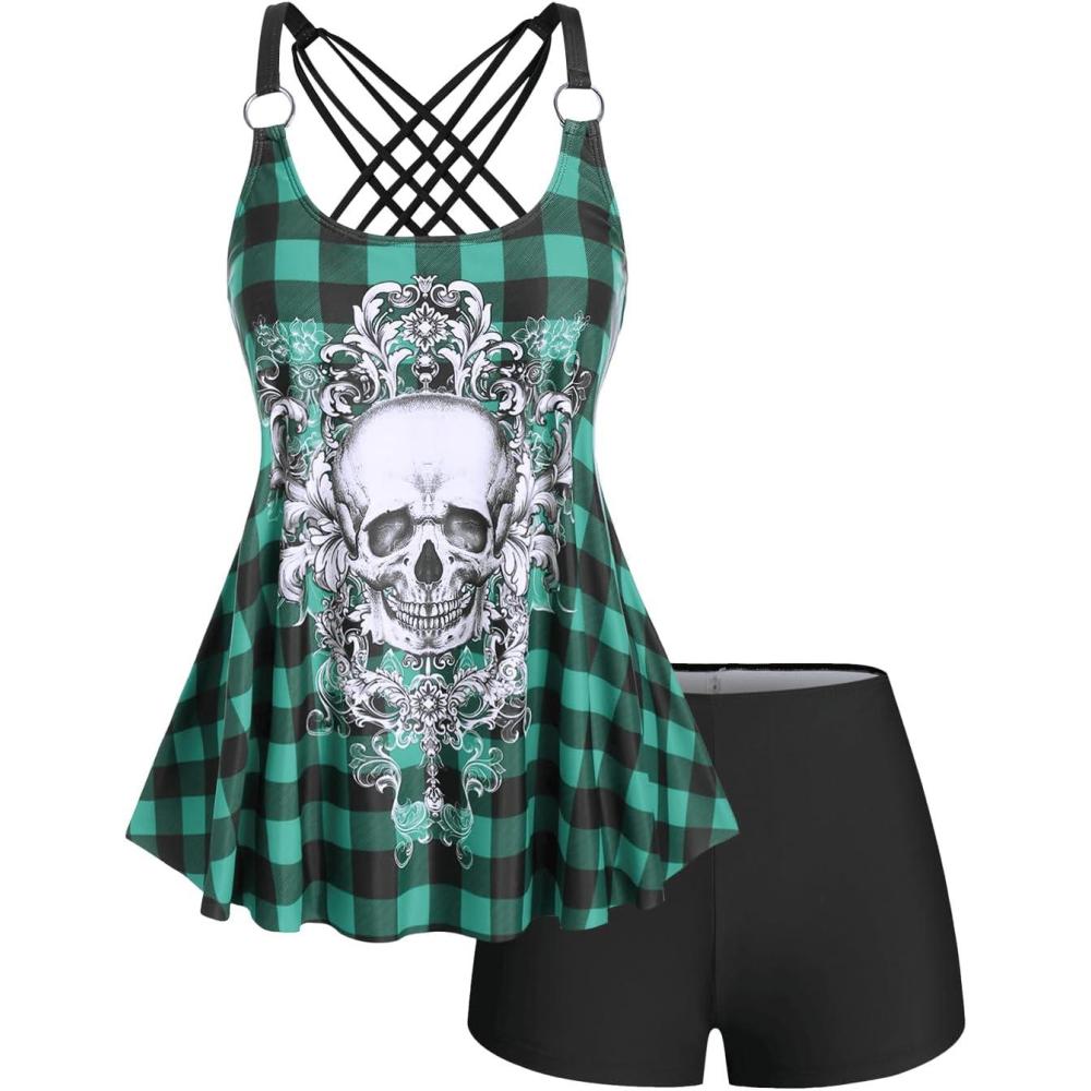 image:imageRosegal Womens Plus Size Gothic Skull Plaid Padded Boyleg Strappy Modest Tankini Swimsuit SetGreen11