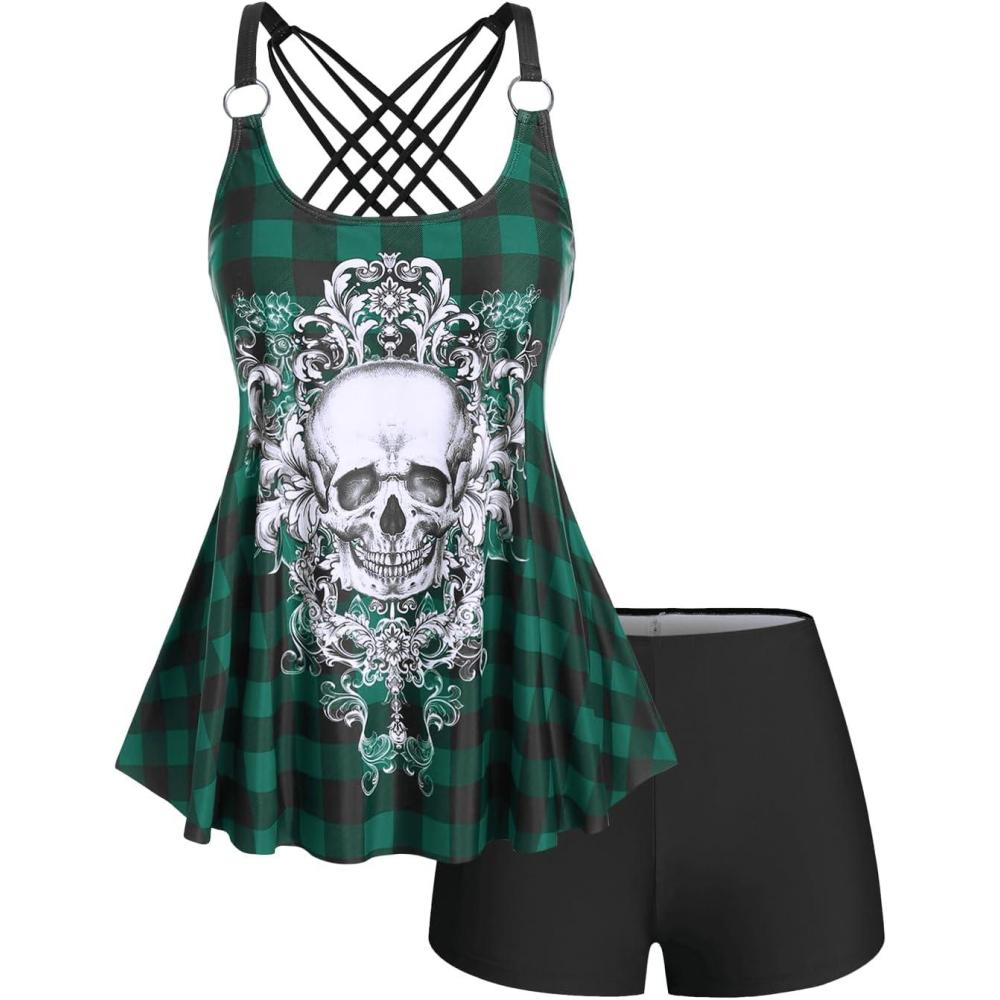 image:imageRosegal Womens Plus Size Gothic Skull Plaid Padded Boyleg Strappy Modest Tankini Swimsuit SetGreen12