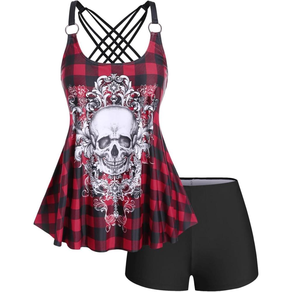 image:imageRosegal Womens Plus Size Gothic Skull Plaid Padded Boyleg Strappy Modest Tankini Swimsuit SetRed