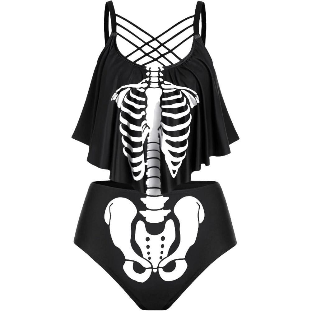 image:imageRosegal Womens Plus Size Skeleton Print Flounce Crisscross Strappy Tankini Swimwear SetBlack2