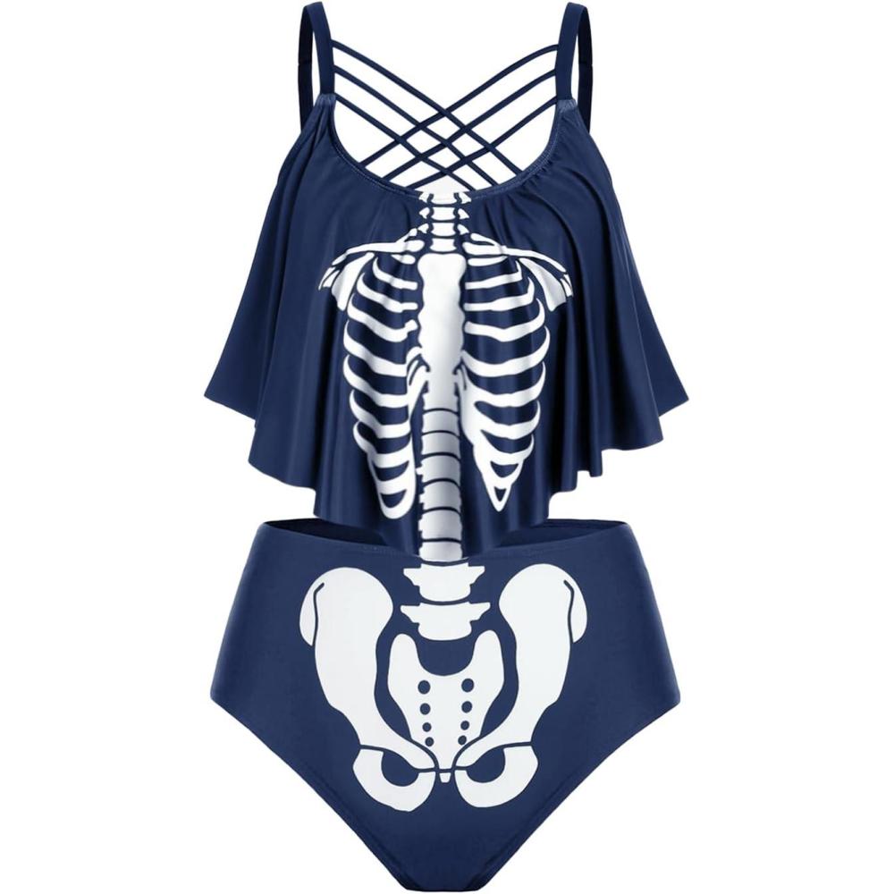 image:imageRosegal Womens Plus Size Skeleton Print Flounce Crisscross Strappy Tankini Swimwear SetBlue