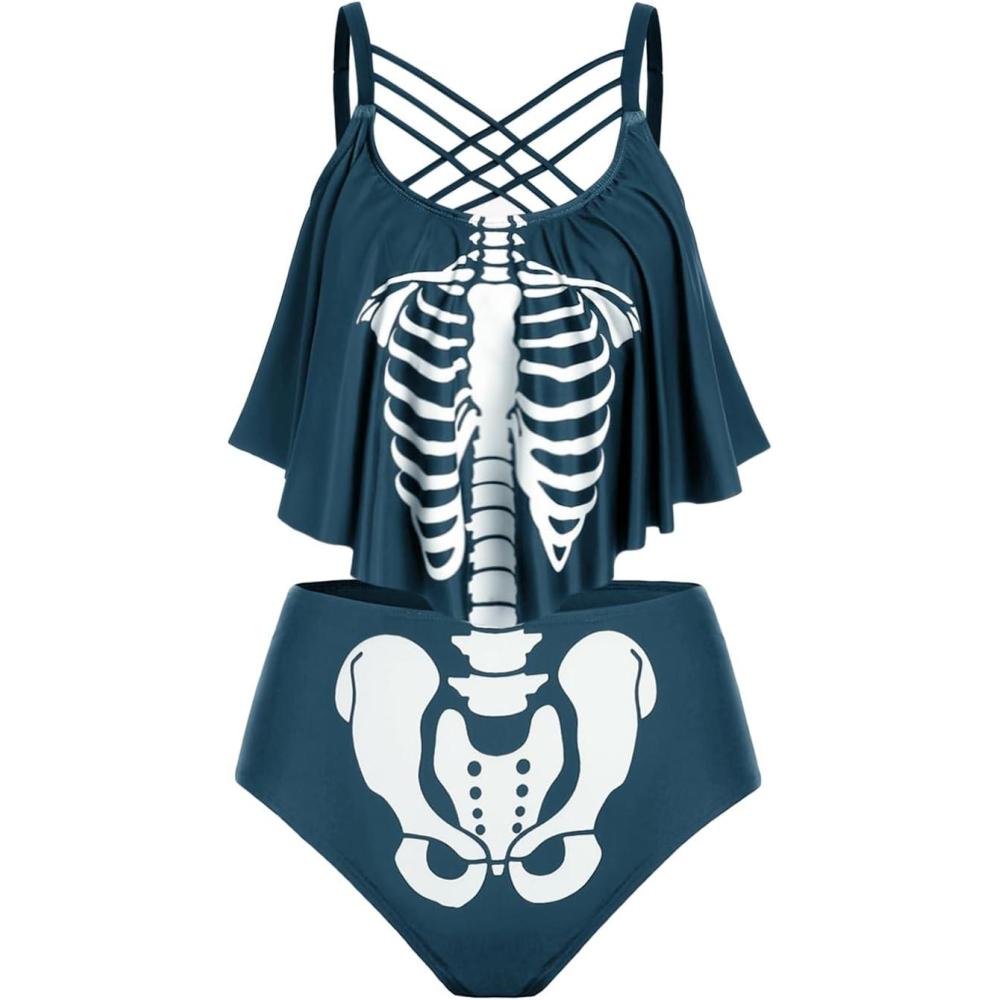 image:imageRosegal Womens Plus Size Skeleton Print Flounce Crisscross Strappy Tankini Swimwear SetGreen
