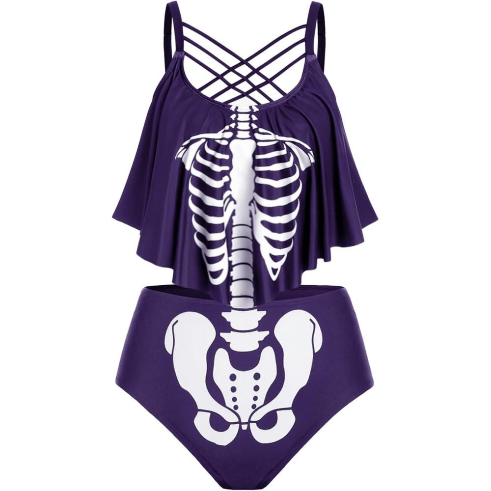 image:imageRosegal Womens Plus Size Skeleton Print Flounce Crisscross Strappy Tankini Swimwear SetPurple