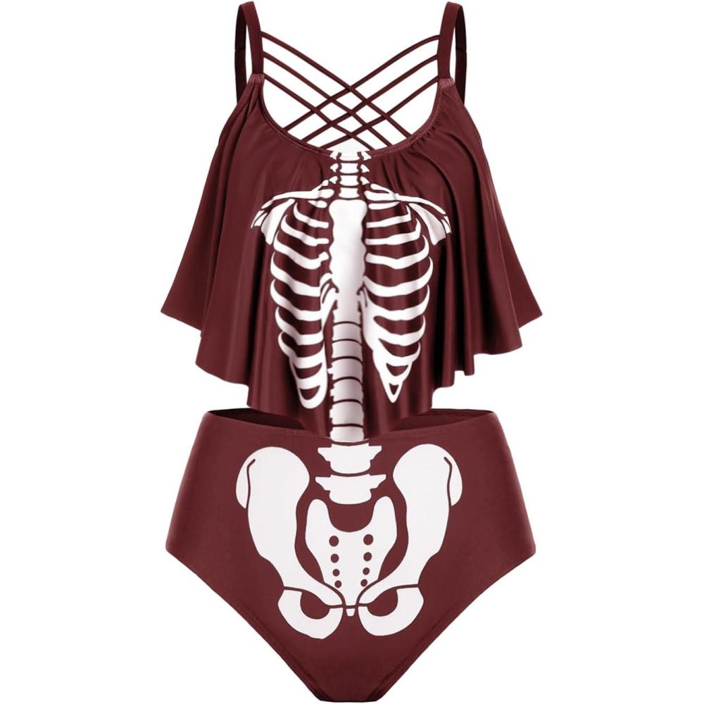 image:imageRosegal Womens Plus Size Skeleton Print Flounce Crisscross Strappy Tankini Swimwear SetRed