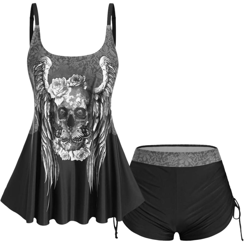 image:imageRosegal Womens Plus Size Skull Rose Wing Print Cinched Boyshorts Tankini Swimsuit SetBlack