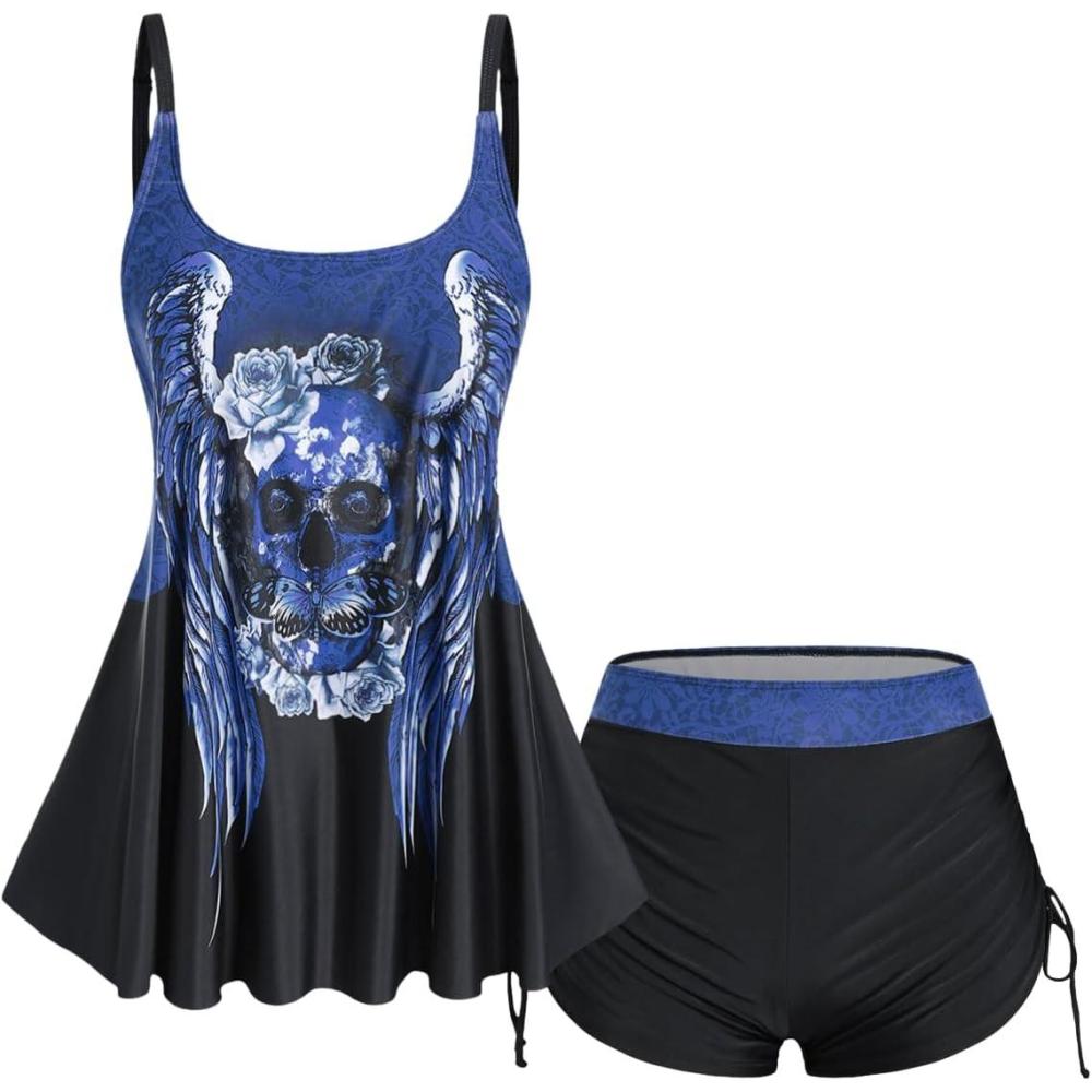 image:imageRosegal Womens Plus Size Skull Rose Wing Print Cinched Boyshorts Tankini Swimsuit SetBlue