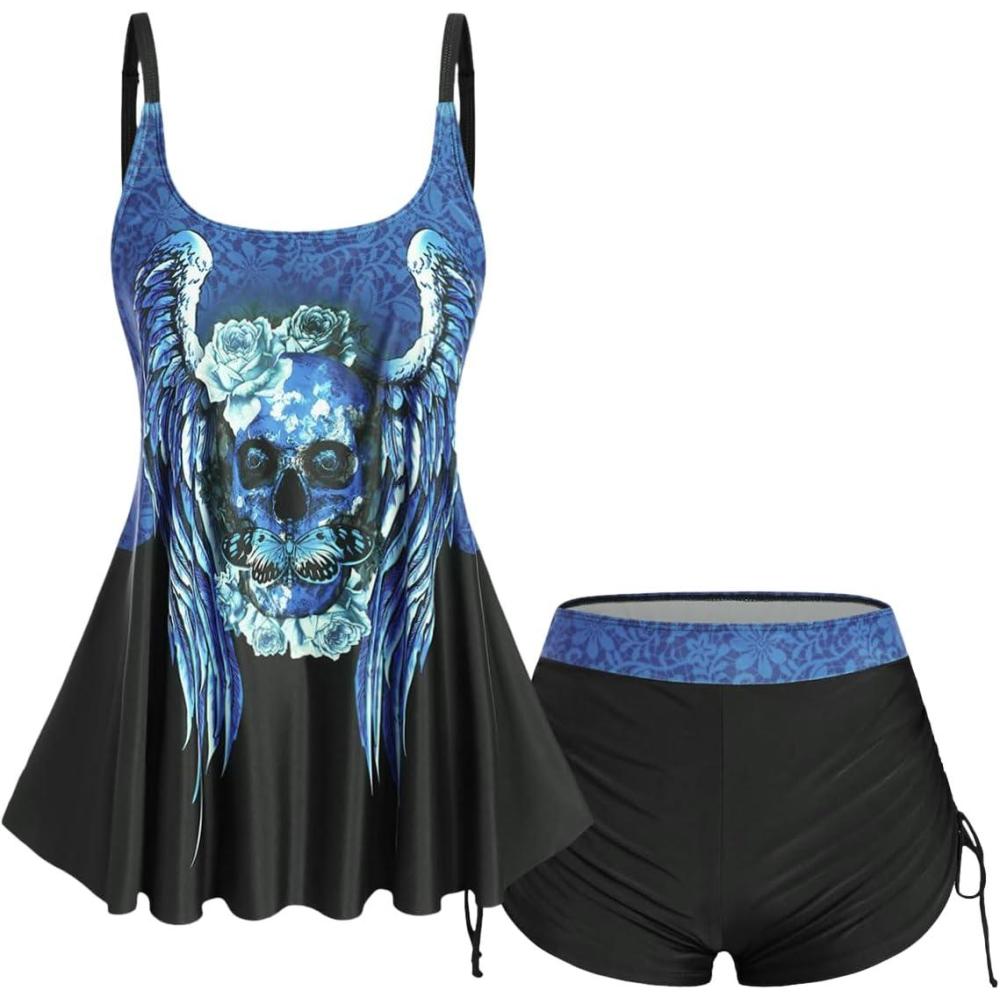 image:imageRosegal Womens Plus Size Skull Rose Wing Print Cinched Boyshorts Tankini Swimsuit SetBlue1