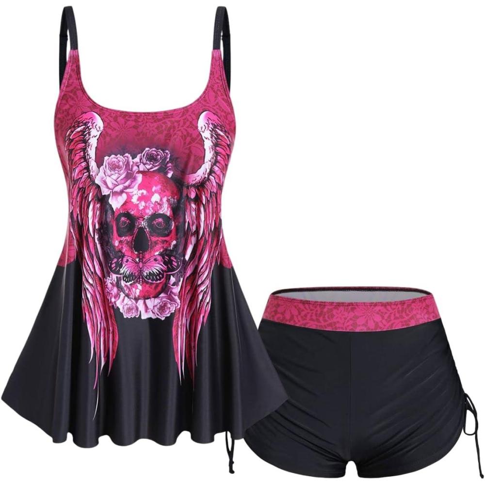 image:imageRosegal Womens Plus Size Skull Rose Wing Print Cinched Boyshorts Tankini Swimsuit SetRed1