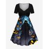 Matchable Couple Halloween Costume Ghost Pumpkin Print Shirt or Plus Size Knee Length Cinched Ruched Tee Dress(Women Black)
