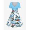 Matchable Couple Halloween Costume Ghost Pumpkin Print Shirt or Plus Size Knee Length Cinched Ruched Tee Dress(Women Light Blue)