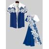 Matchable Couple Hawaiian Sea Beach Starfish Turtle Shell Print Shirt or Plus Size Midi Split A Line Dress(Men Blue)