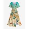 Matchable Couple Hawaiian Sea Beach Starfish Turtle Shell Print Shirt or Plus Size Midi Split A Line Dress(Men Green)