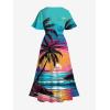Matchable Couple Hawaiian Sea Beach Starfish Turtle Shell Print Shirt or Plus Size Midi Split A Line Dress(Men Green_1)
