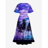 Matchable Couple Hawaiian Sea Beach Starfish Turtle Shell Print Shirt or Plus Size Midi Split A Line Dress(Men Purple)