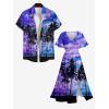 Matchable Couple Hawaiian Sea Beach Starfish Turtle Shell Print Shirt or Plus Size Midi Split A Line Dress(Men Purple)
