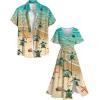 Matchable Couple Hawaiian Sea Beach Starfish Turtle Shell Print Shirt or Plus Size Midi Split A Line Dress(Women Green)