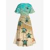 Matchable Couple Hawaiian Sea Beach Starfish Turtle Shell Print Shirt or Plus Size Midi Split A Line Dress(Women Green)