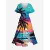 Matchable Couple Hawaiian Sea Beach Starfish Turtle Shell Print Shirt or Plus Size Midi Split A Line Dress(Women Green_1)