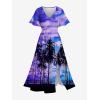 Matchable Couple Hawaiian Sea Beach Starfish Turtle Shell Print Shirt or Plus Size Midi Split A Line Dress(Women Purple)