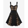 ROSE GAL Gothic Lace Up Plaid Half Zipper Fit and Flare Gothic Dress(Coffee_2)